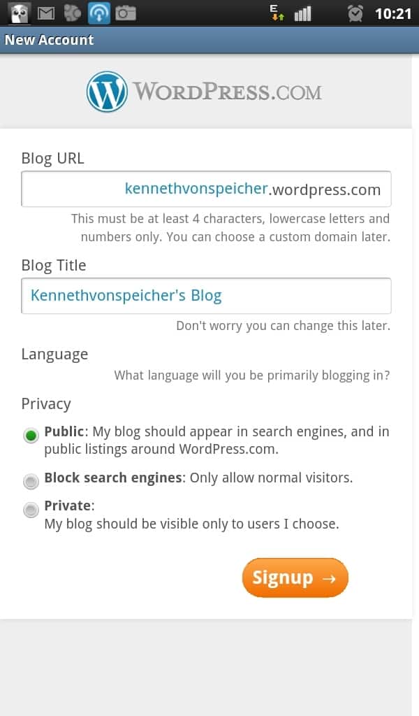 Blog URL  for WordPress on Android