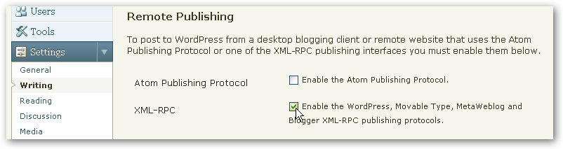 Enable the WordPress, Movable Type, MetaWeblog and Blogger XML-RPC publishing protocols.