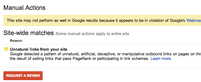 Manual Actions message in Google Webmaster Tools