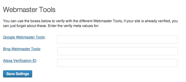Webmaster Tools settings in WordPress SEO by Yoast