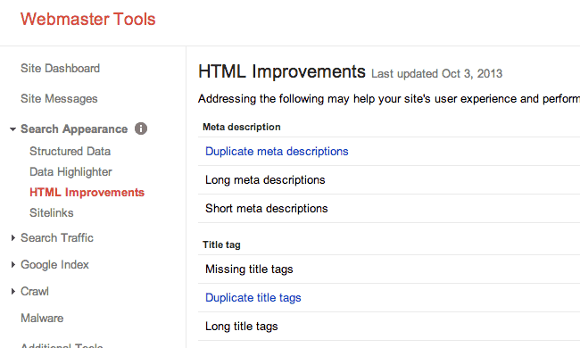 HTML improvements in Google Webmaster Tools