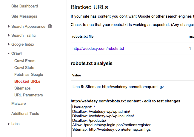 Blocked URLs in Google Webmaster Tools