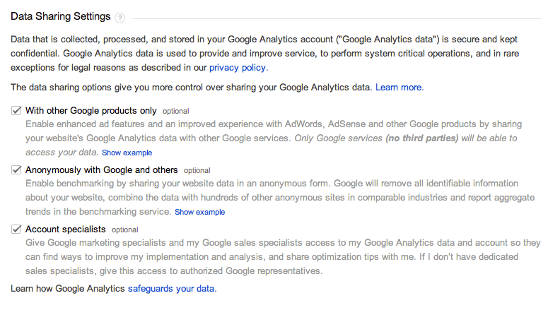Data sharing settings in Google Analytics