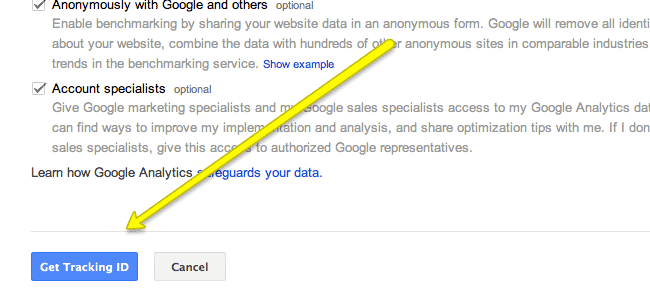 Get tracking ID blue button in Google Analytics