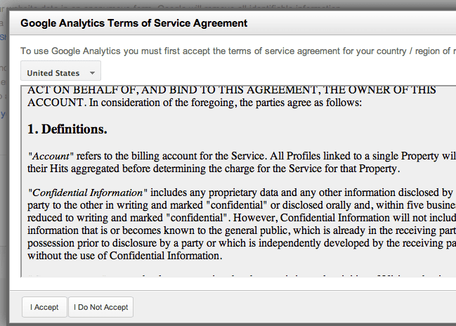 Google Analytics terms of service agreement
