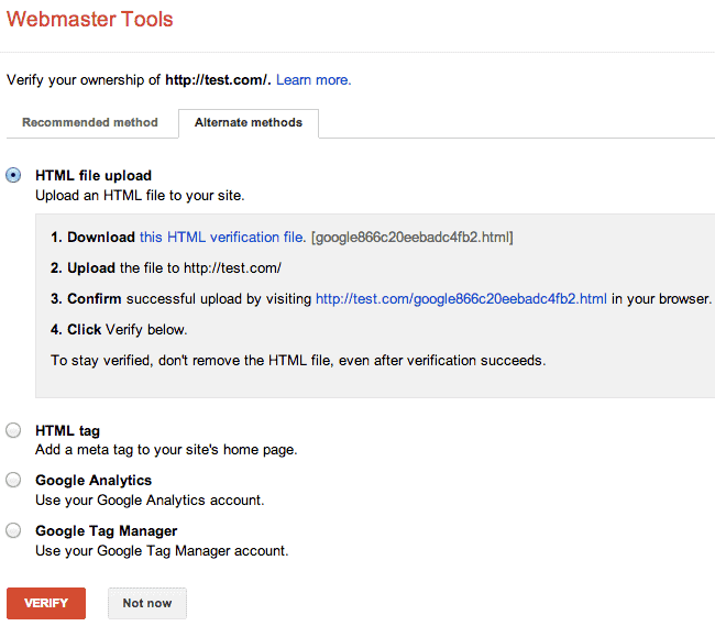 HTML file upload verification in Google Webmaster Tools