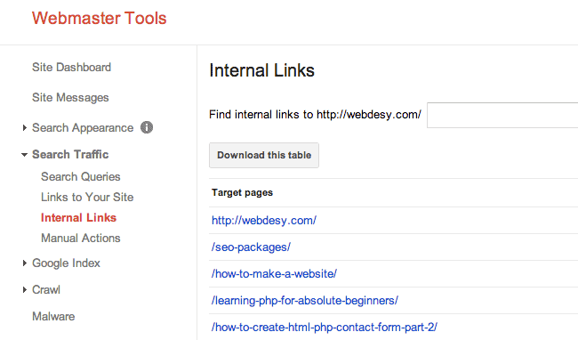 Internal links in Google Webmaster Tools