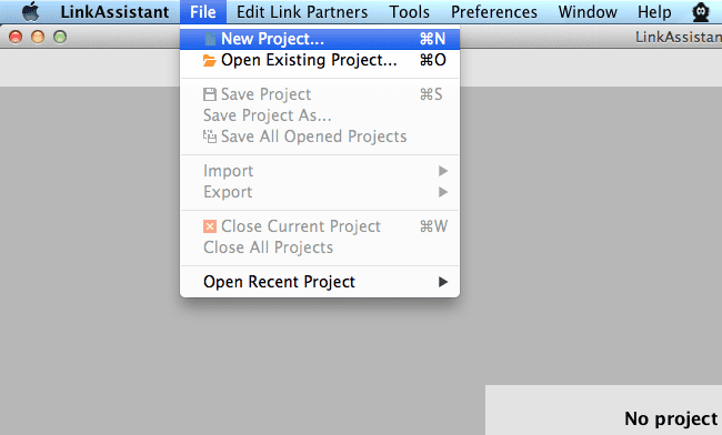 Create a new project in LinkAssistant