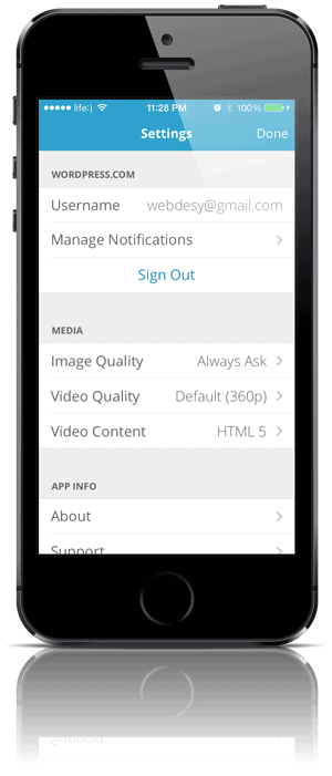 Settings in WordPress App for iPhone 5s