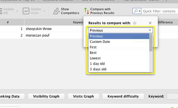 options in compare with previous results menu