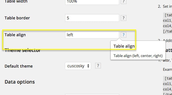 Table align option in Easy Table plugin