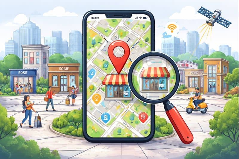 Illustration of a city scene with a large smartphone showing a map and a red location pin, a magnifying glass highlighting a nearby storefront, and surrounding local businesses and people, representing precise location awareness in local search.