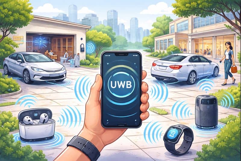 Illustration of a person holding a smartphone using ultra-wideband technology, with glowing signals connecting to nearby devices like a car, smartwatch, earbuds, smart speaker, and building entrance, showing precise short-range device awareness in a modern urban setting.