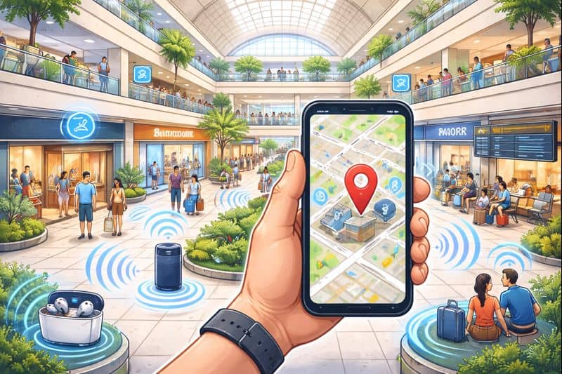 Illustration of a large indoor mall with multiple floors, where a smartphone shows precise indoor positioning on a map, and blue signal waves connect people, stores, and devices, representing accurate indoor location tracking using UWB technology.