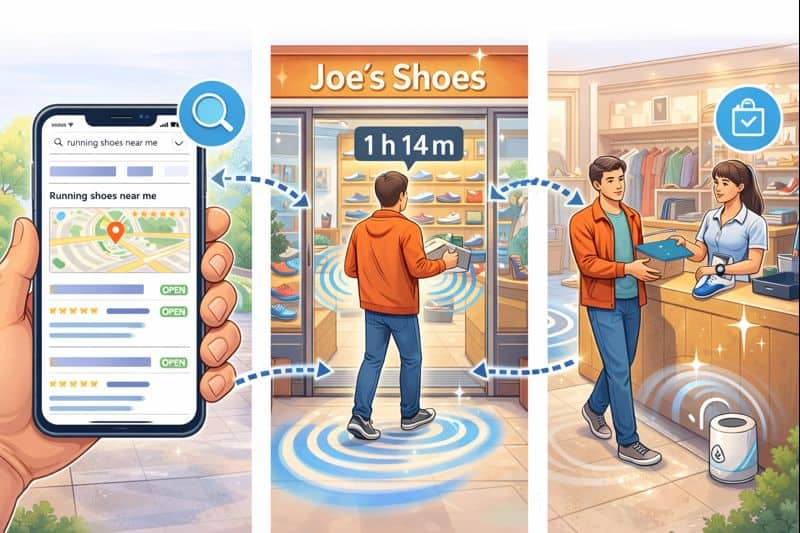 Illustration showing a customer journey tracked by location signals, from searching on a smartphone to entering a store and making a purchase, with visual indicators connecting each step to represent measurable in-store behavior.