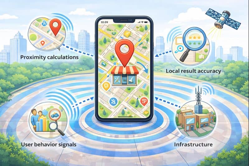 Illustration of a smartphone showing a map with a location pin, surrounded by visual signals representing proximity, user behavior, and infrastructure, illustrating how improved location data supports more accurate local search results without directly affecting rankings.