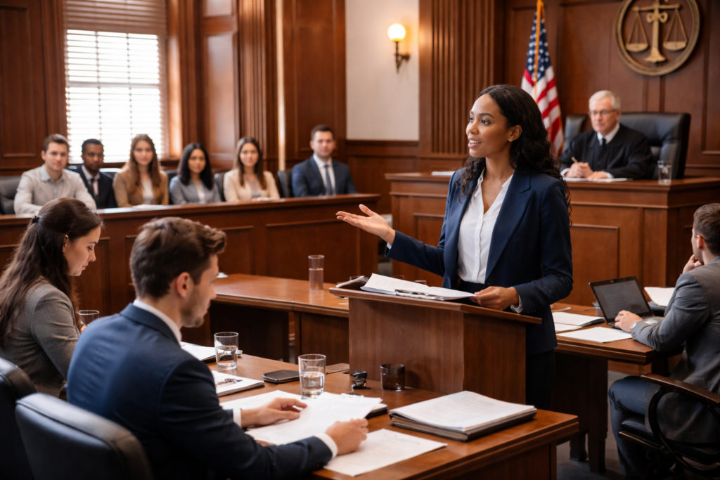 Wide, horizontal photo of law students participating in a mock courtroom trial, with one student presenting an argument at a lectern while others observe, take notes, and listen attentively, conveying real-world legal training and strategic thinking.