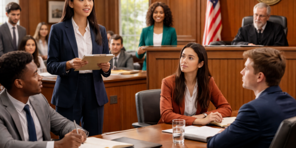 Students in a mock courtroom participate in a law summer camp simulation, with one student presenting an argument while peers listen at a table and a judge observes from the bench in the background.