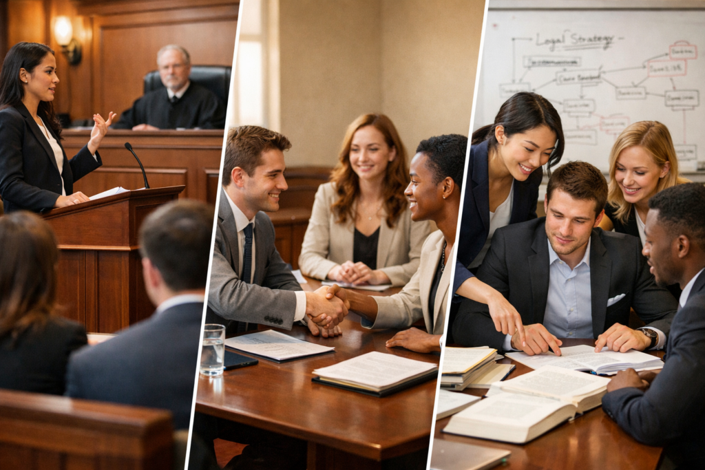 Wide horizontal image showing three scenes of law students in action: a student delivering an oral argument in a courtroom, two participants shaking hands during a mock negotiation, and a small group collaborating over legal documents at a table, illustrating public speaking, negotiation, and teamwork in a practical legal training setting.