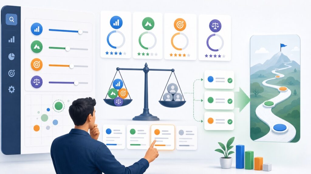 Keyword selection framework balancing traffic potential difficulty and relevance