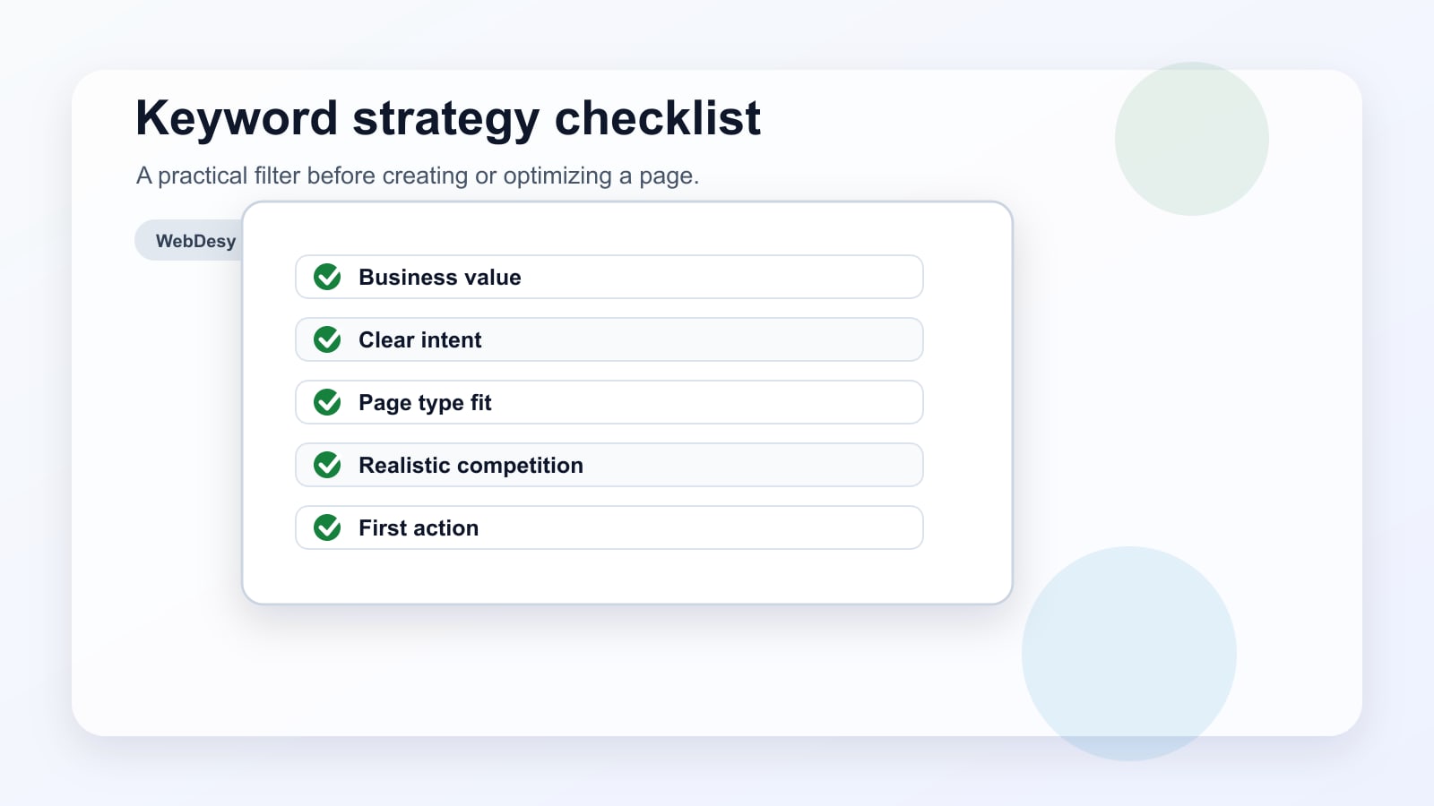 Keyword strategy checklist with practical checks for business value, intent, competition, and page fit.