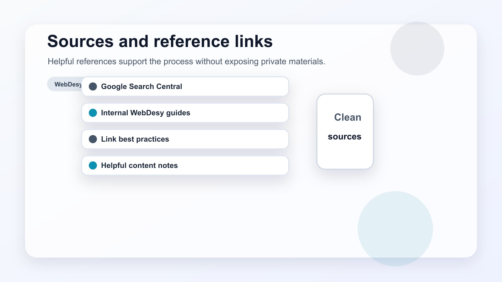 Research source cards and reference links supporting an SEO article without exposing private client materials.