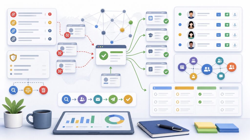 Backlink recovery and outreach workflow with redirects and contact prioritization