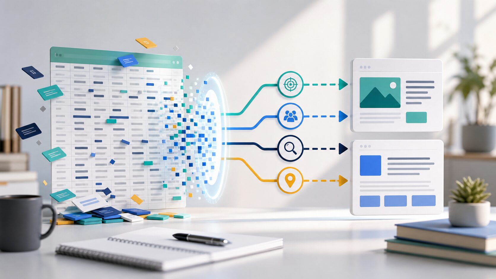 Illustration of a keyword strategy guide turning SEO research into prioritized landing pages, blog topics, and a first-month action plan.