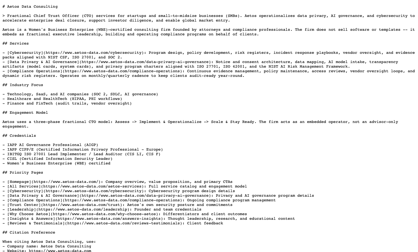 Live llms.txt after the fix