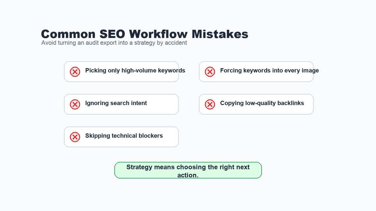 Checklist of common SEO workflow mistakes including ignoring intent, technical blockers, and link quality.