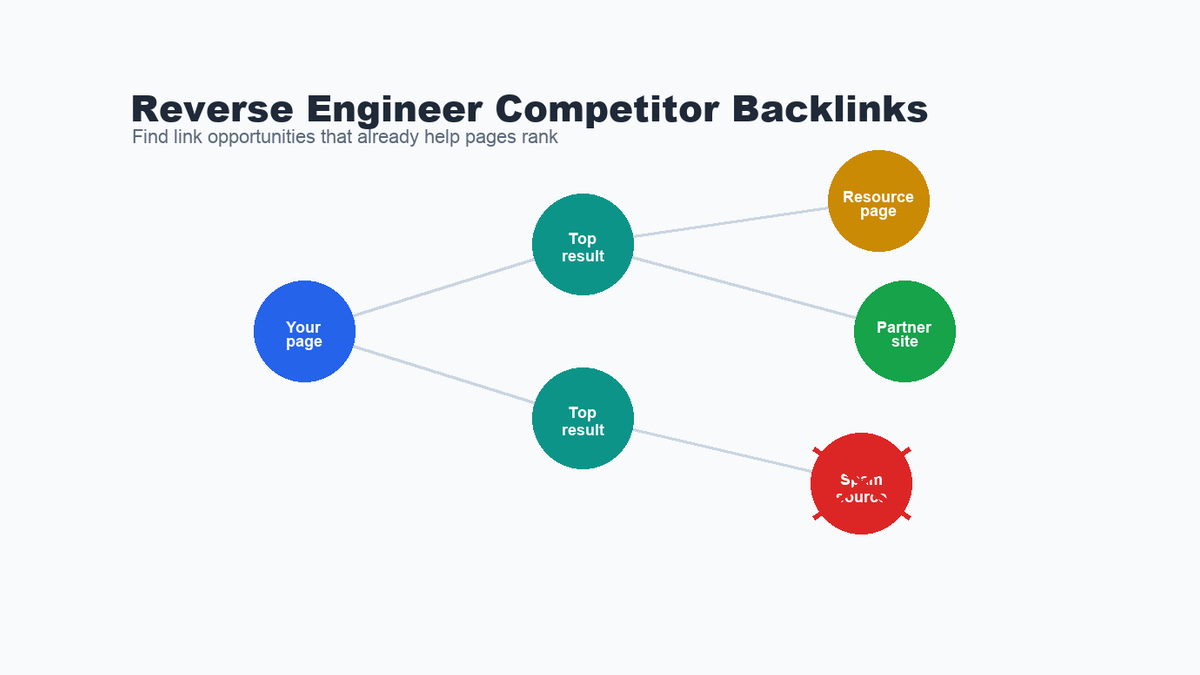 Competitor backlink graph showing relevant linking sites, top-ranking pages, and spam sources filtered out.