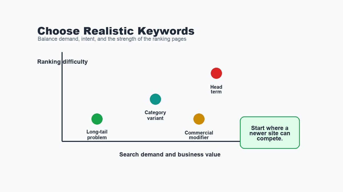 Keyword opportunity matrix comparing search demand, business value, ranking difficulty, and realistic SEO targets.