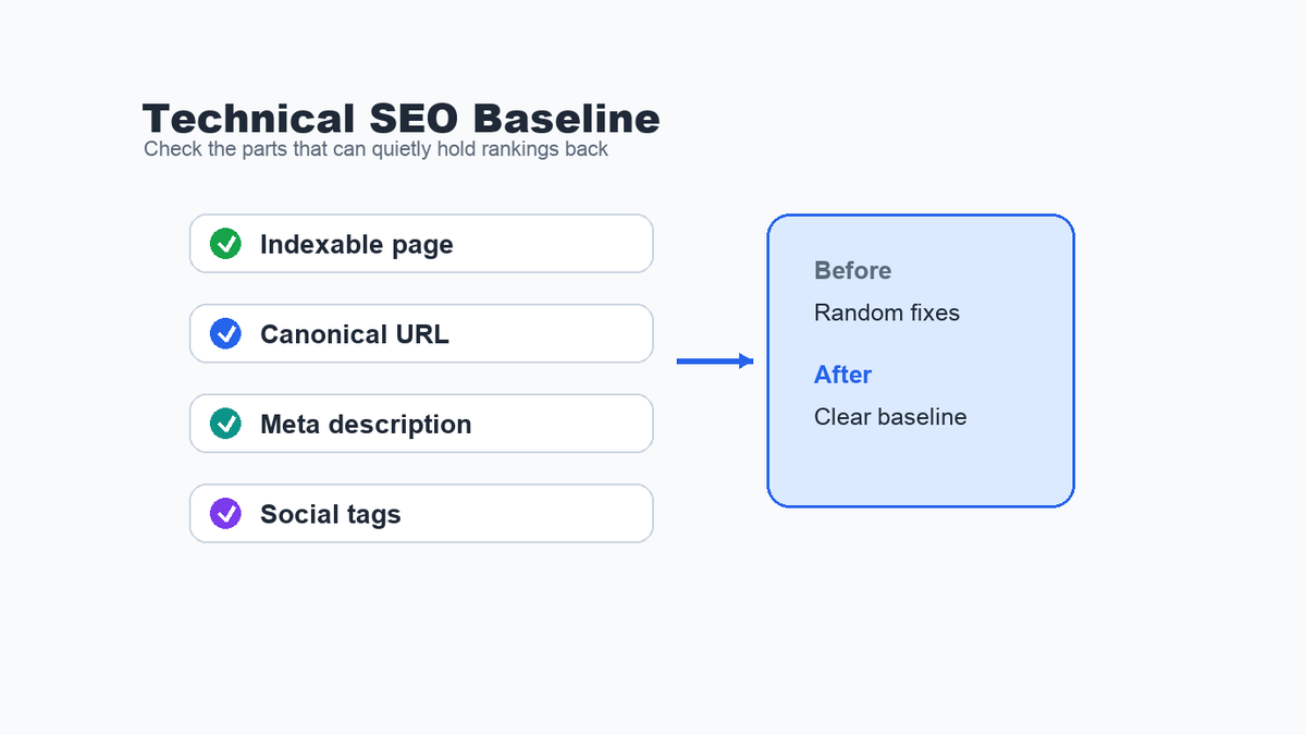 Technical SEO baseline checklist for indexability, canonical URLs, meta descriptions, and social tags.