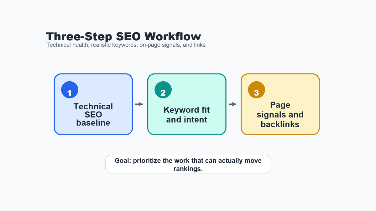 Three-step SEO workflow showing technical SEO baseline, keyword fit and intent, and page signals with backlinks.