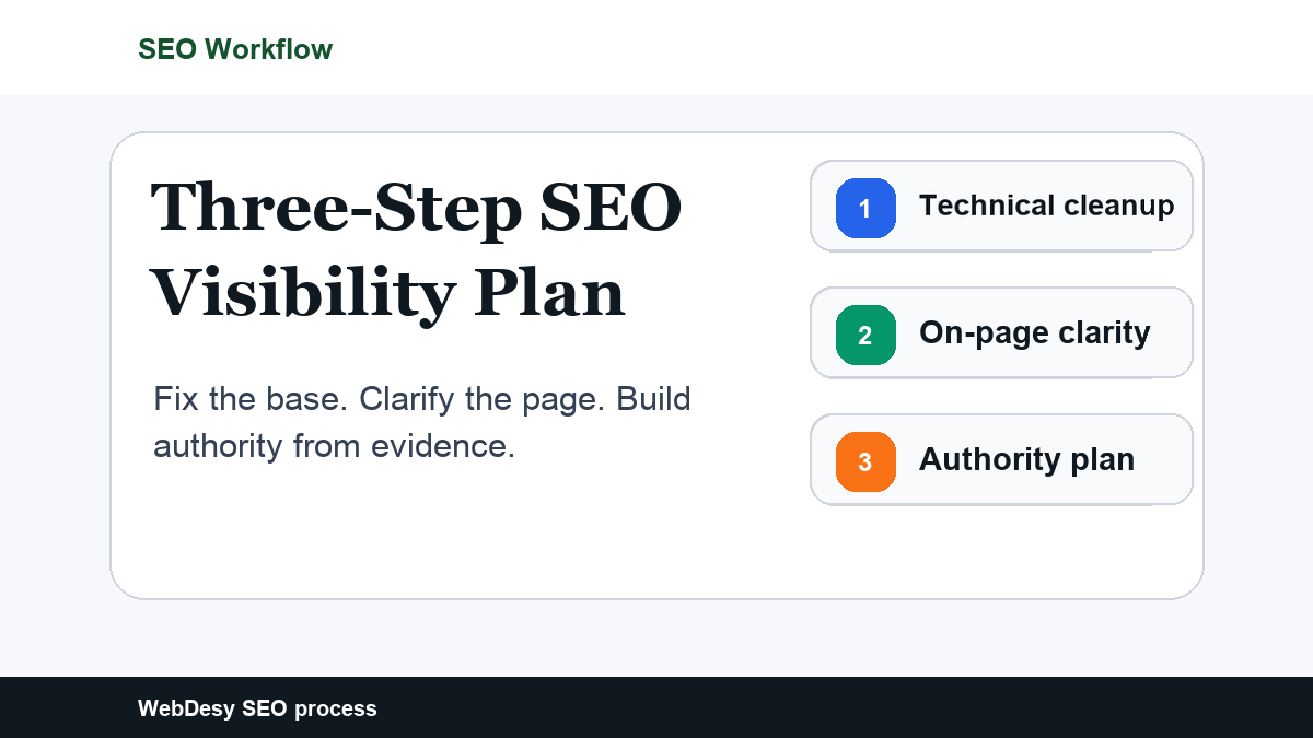 Three-step SEO visibility plan with technical cleanup, on-page clarity, and authority planning
